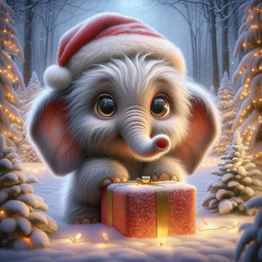 Whimsical Baby Elephant in Snowy Forest Christmas Scene