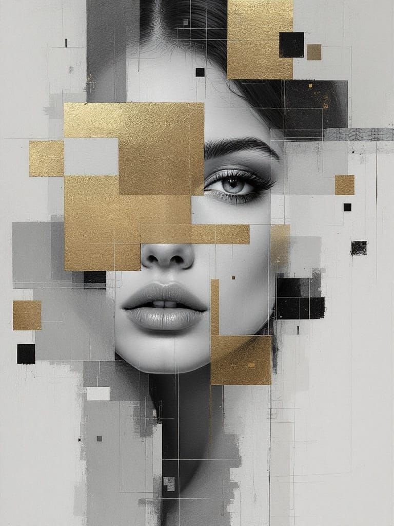 Fragmented Portrait in Grayscale and Gold