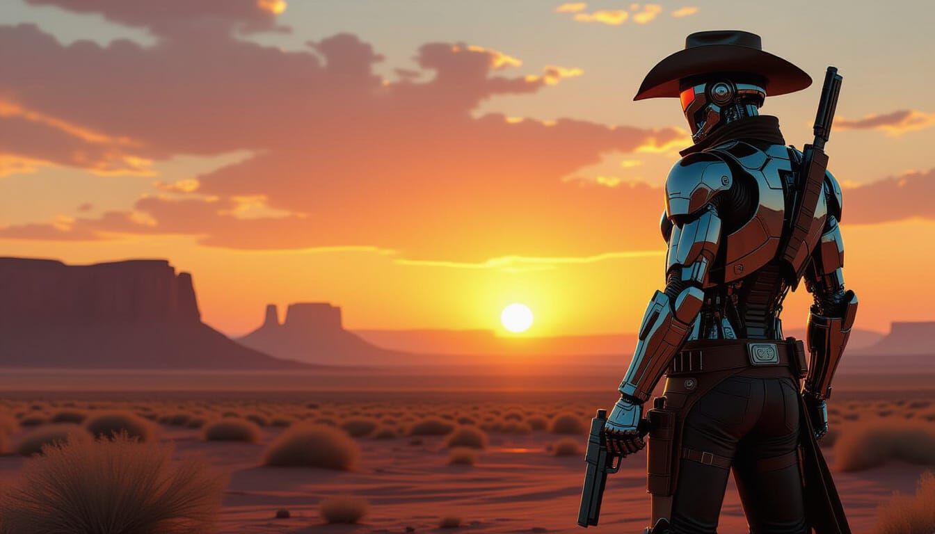 Cyborg Cowboy at Binary Sunset in Sci-Fi Western Style