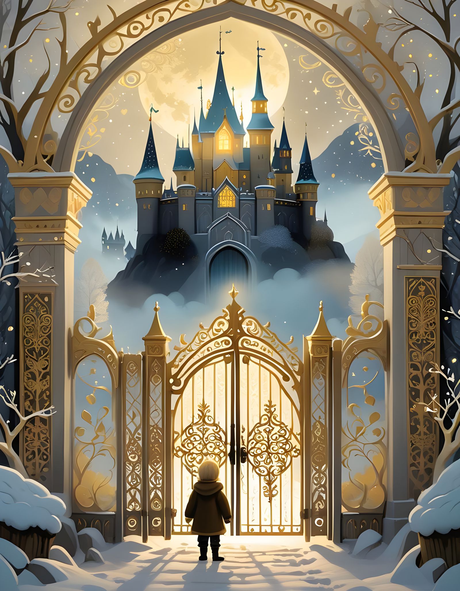 Toddler, Fairy, and Gilded Gate: Scandinavian Illustration