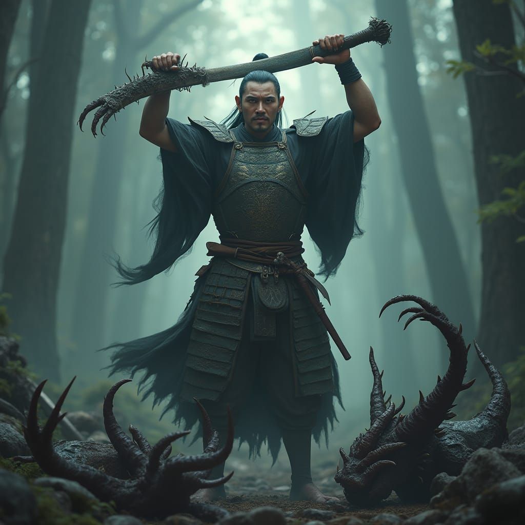 Triumphant Samurai Confronts a Demonic Horde in Cyberpunk-In...