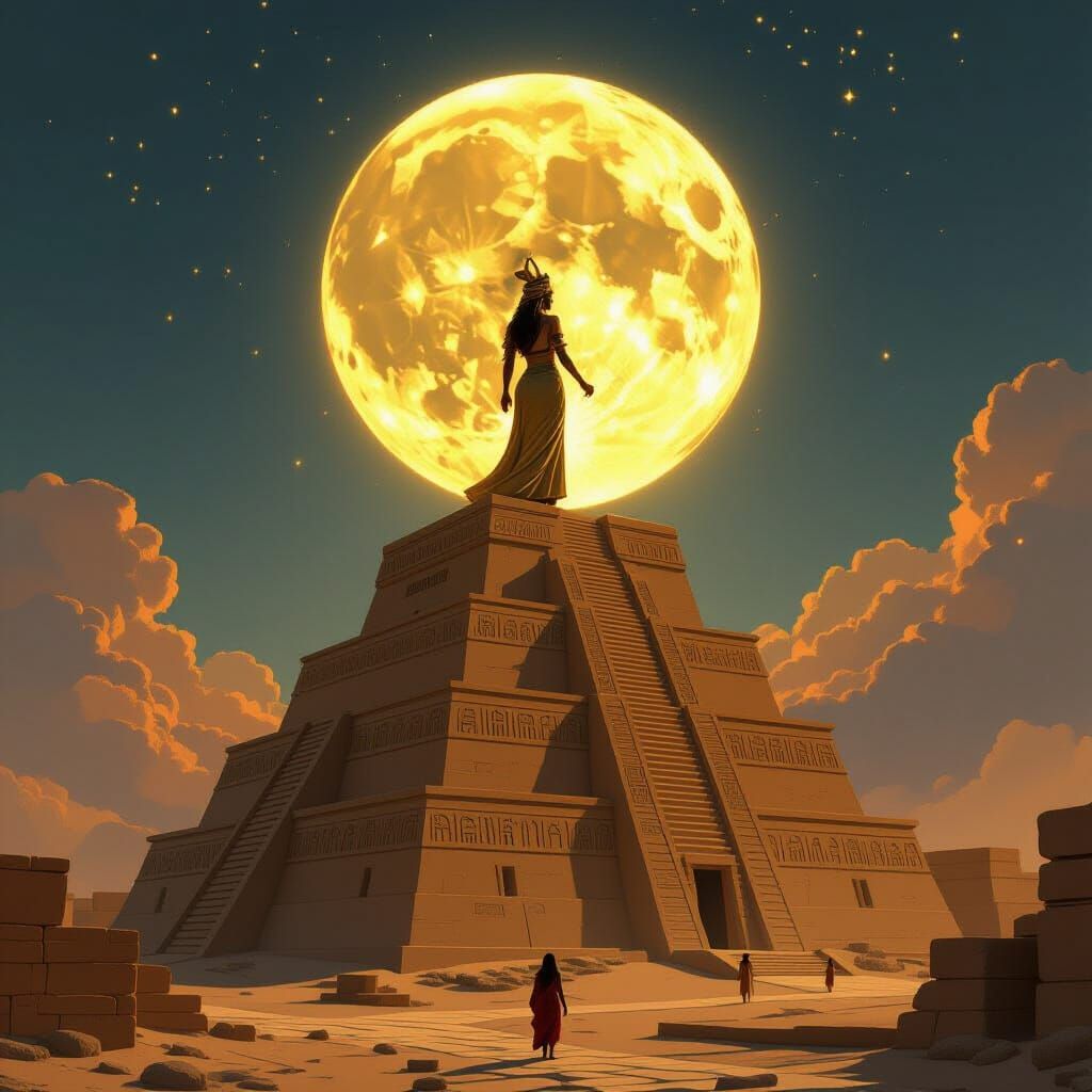Goddess Nanna Over Ancient Ziggurat in Futuristic Style