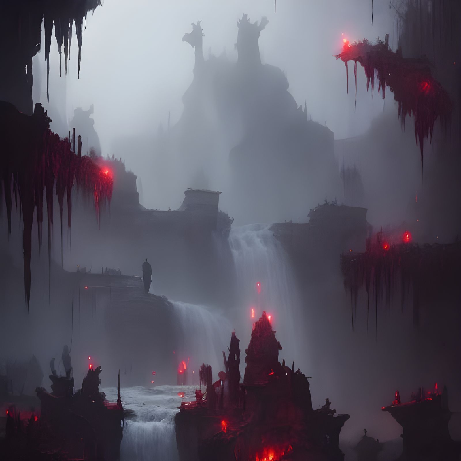 Morbid Waterfall with Corpses: Dark Fantasy Art