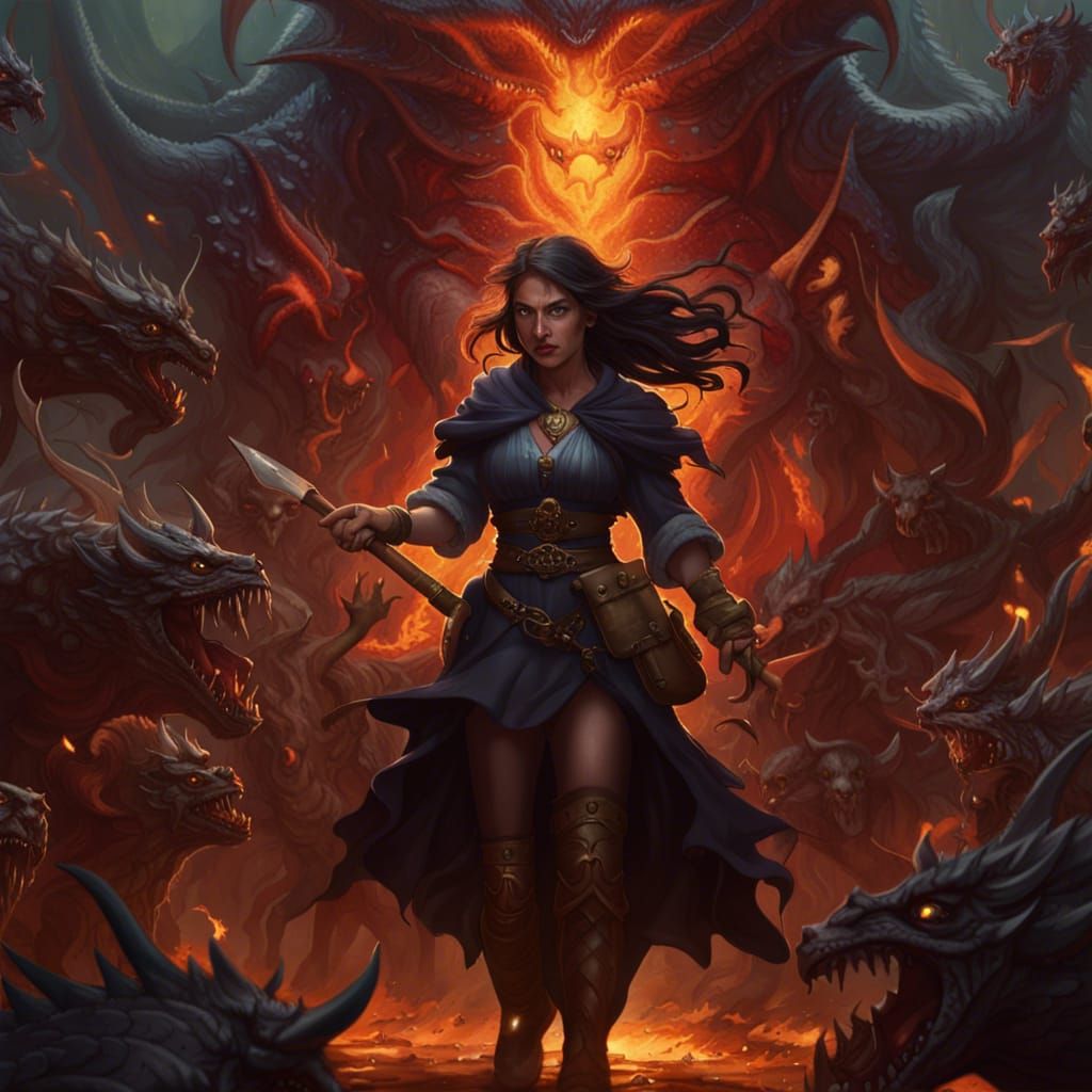 Witch Summons Dragon Against Demons, Dark Fantasy Art