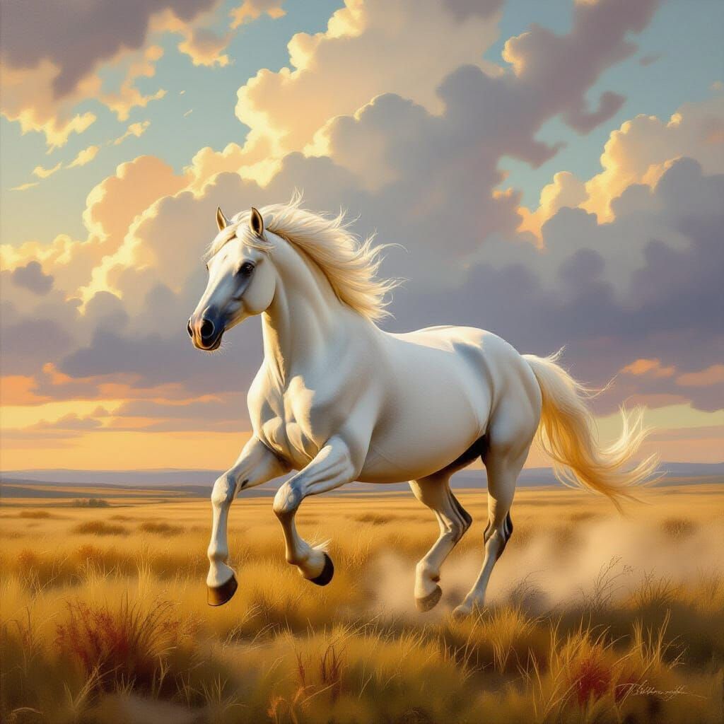Majestic White Stallion Gallops on Windswept Plain