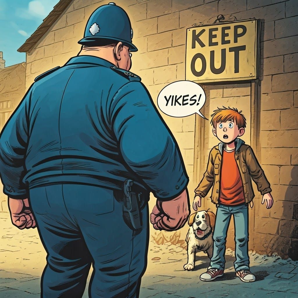 Young Boy and Dog Confronted by Policeman in a Humorous Comi...