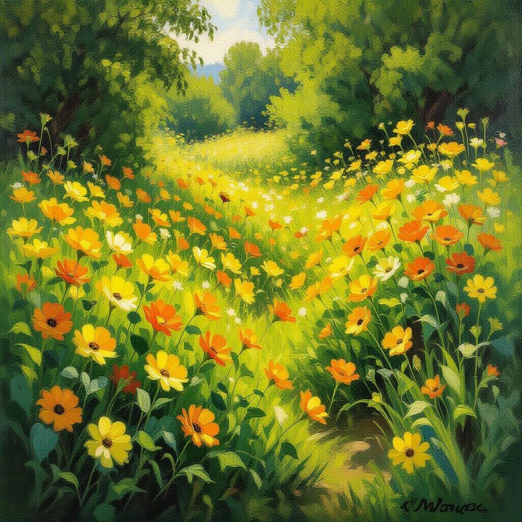 Vibrant Yellow Wildflowers in Lush Greenery, Impressionist S...
