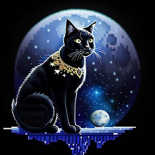 Black Cat Wishes on a Star in Pixel Art Style
