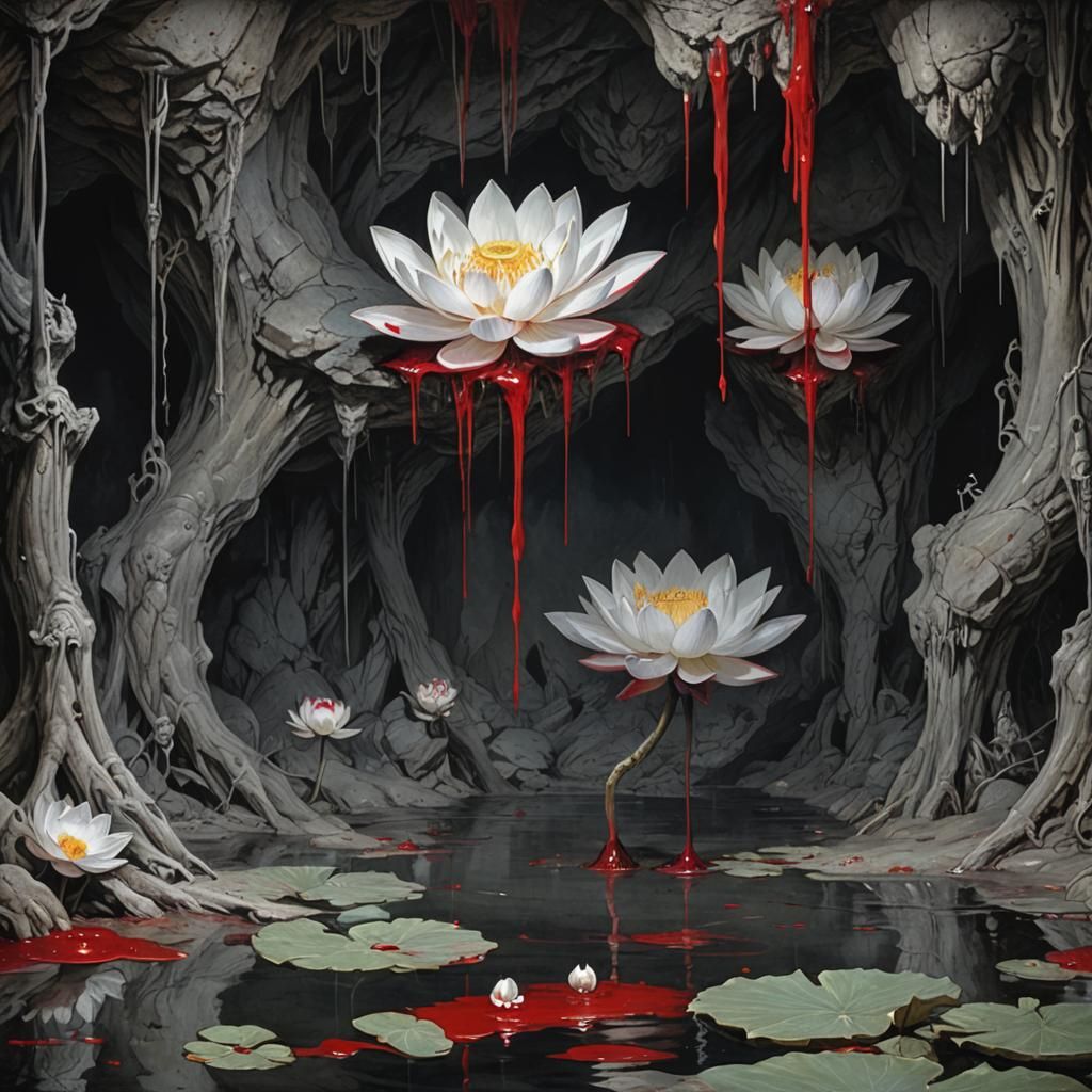 Bloody Cave with Lotus Flowers: Horror Art