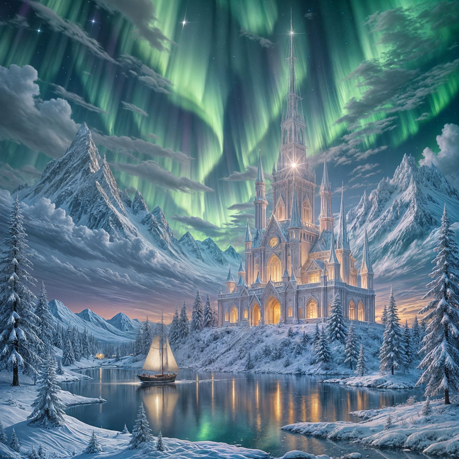 Ethereal Crystal Castle Under Aurora Sky with Spectral Sailb...