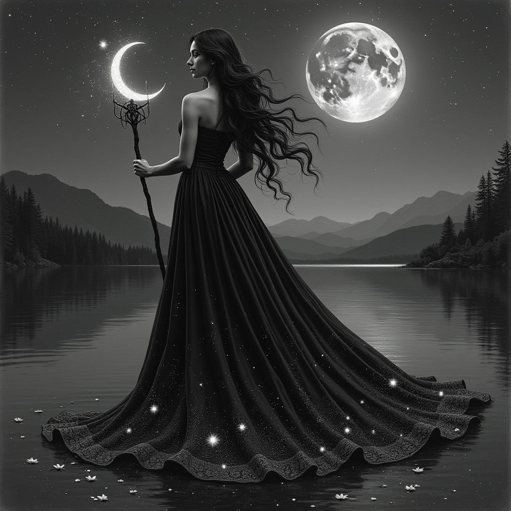 Moonlit Sorceress with Crescent Staff: Charcoal Drawing