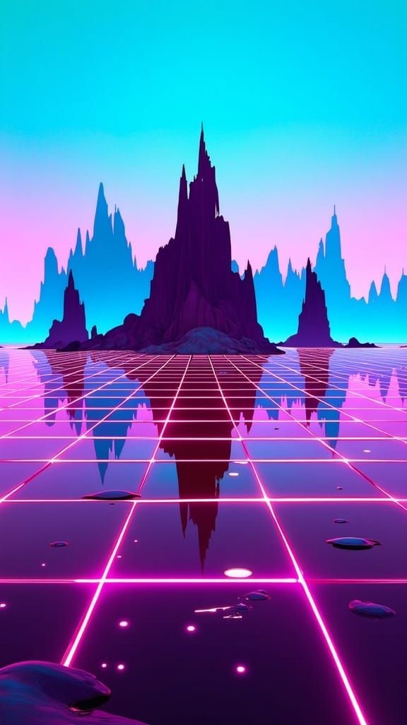Synthwave Blue Mountains on Pink Grid Wallpaper