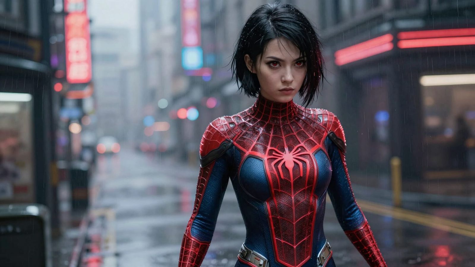 Cyberpunk Spiderman Suit Woman with Determined Expression