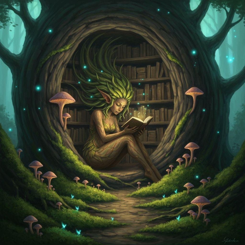 Whimsical Dryad Reading in Forest Library