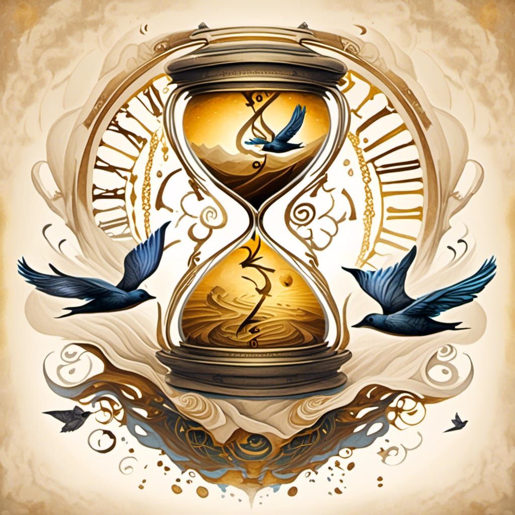 Hourglass with Time Flies in Watercolor Illustration