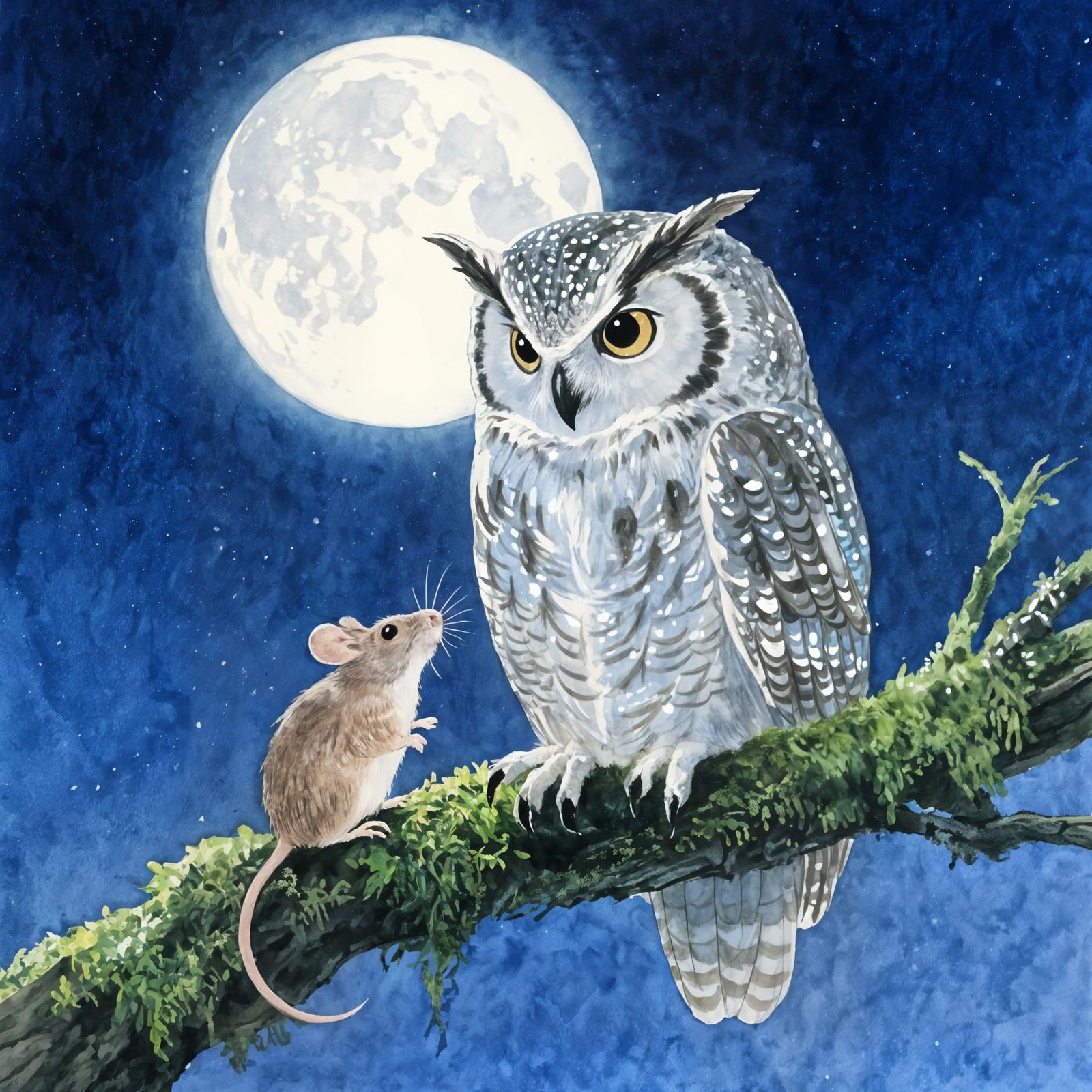 Moonlit Truce: Owl and Mouse Friendship Illustration