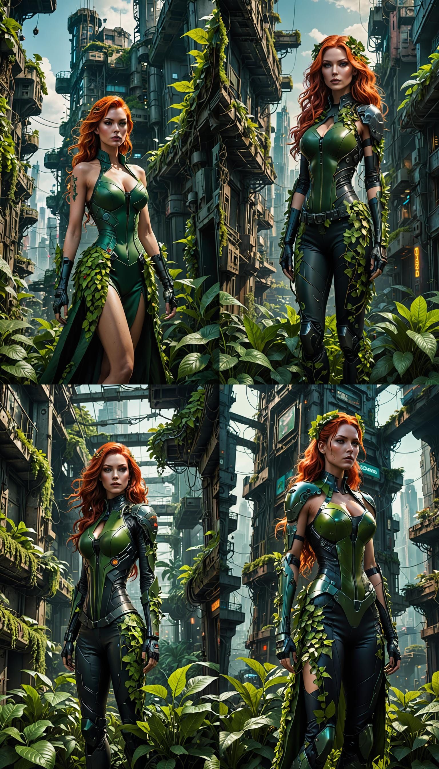 Cyberpunk Poison Ivy in Technorganic Cityscape