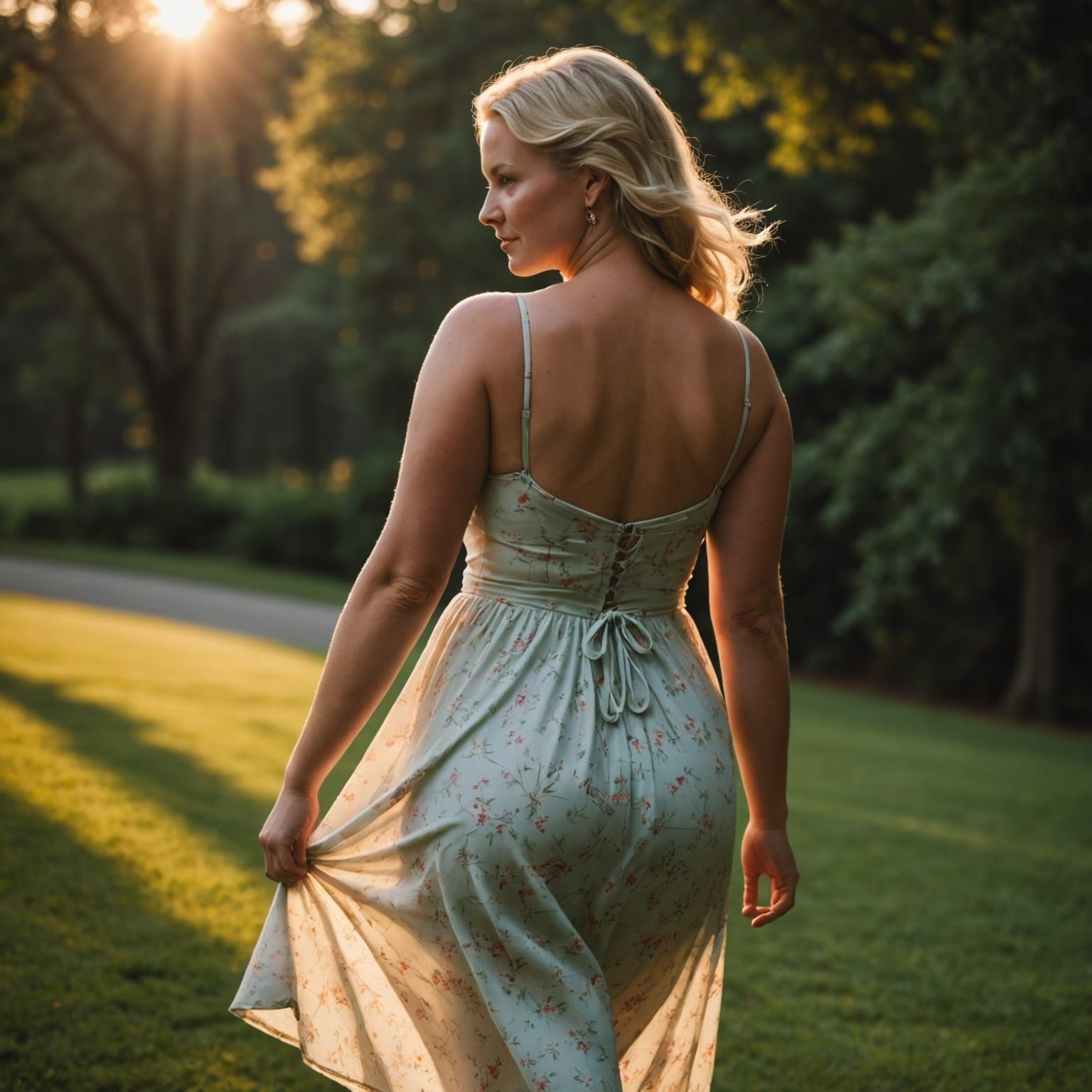 Motherly Woman in Sundress Silhouetted at Magic Hour