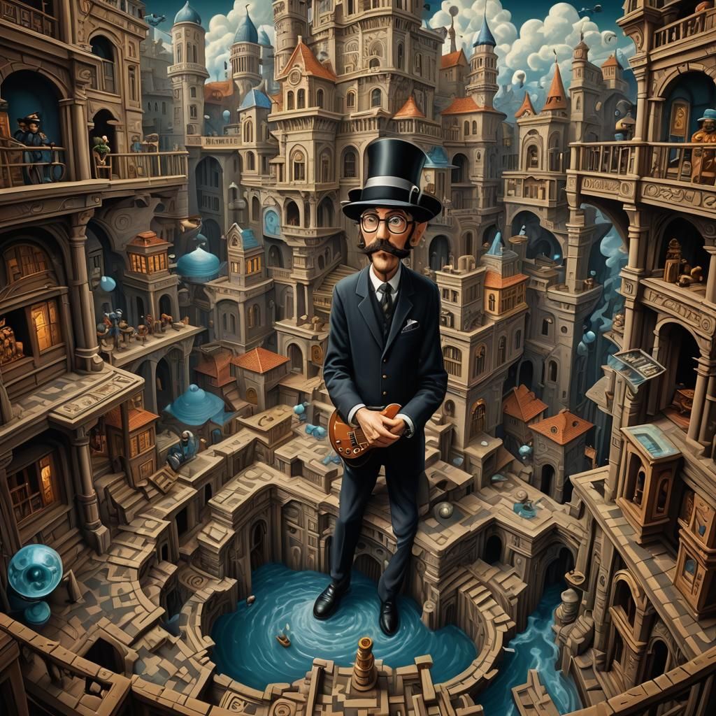 Les Claypool in Escher-Inspired Surreal Landscape