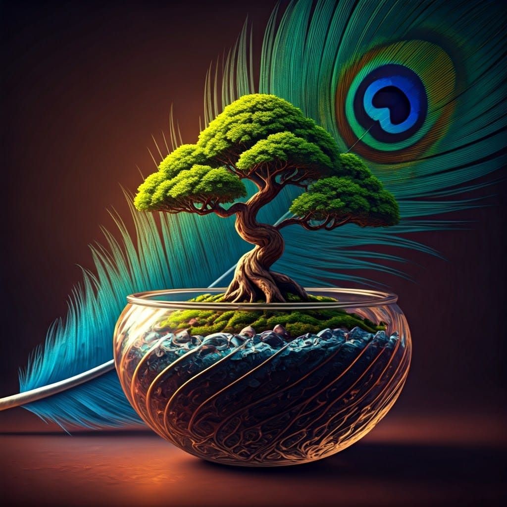 Bonsai in Glass Bowl Against Bird Feather Backdrop