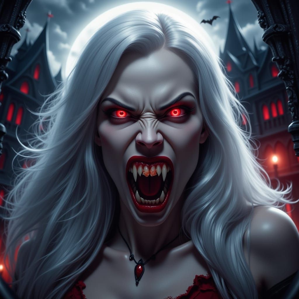 Beautiful Female Vampire Snarls With Glowing Red Eyes