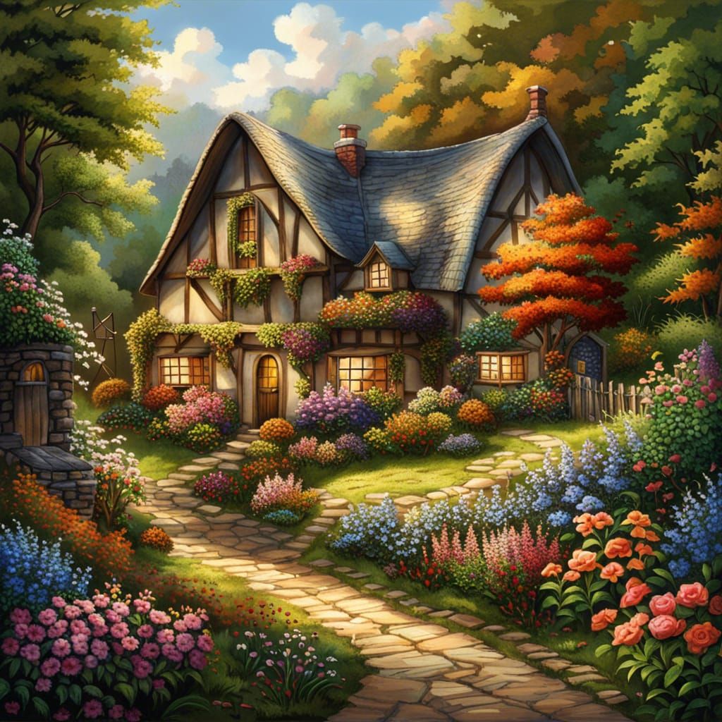 Idyllic Village Scene with Cottage and Flowers