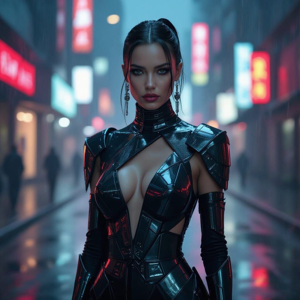 Cybernetic Fashion Model in Futuristic Metropolis