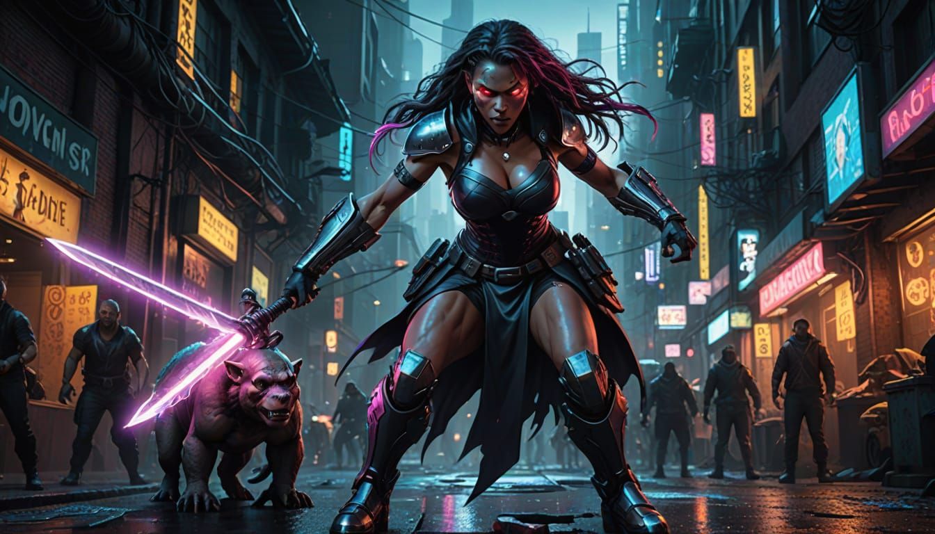 Cyberpunk Superheroine vs Troll in Neon City