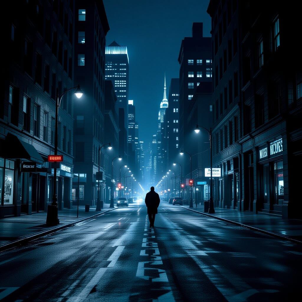 Gritty Urban Night Scene with Film Noir Lighting