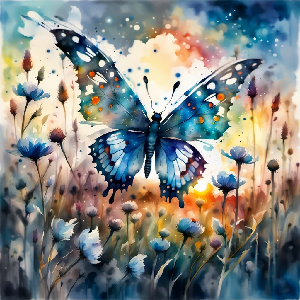 Watercolor Butterfly with Extra Wings at Sunset