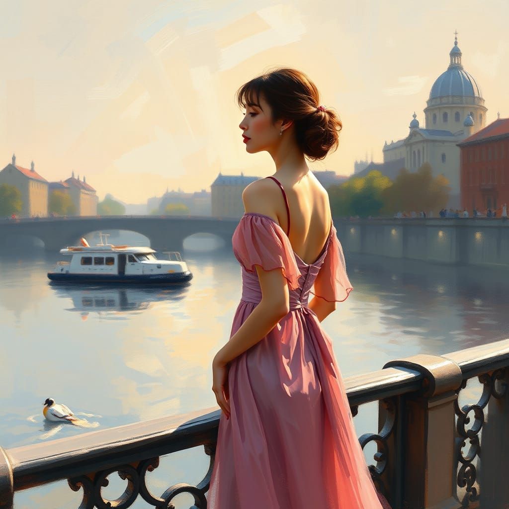 Woman by the Seine in Impressionist Style