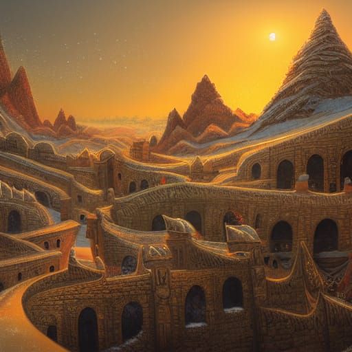 Elven-Egyptian Cliff Town at Sunset in Detailed Matte Painti...