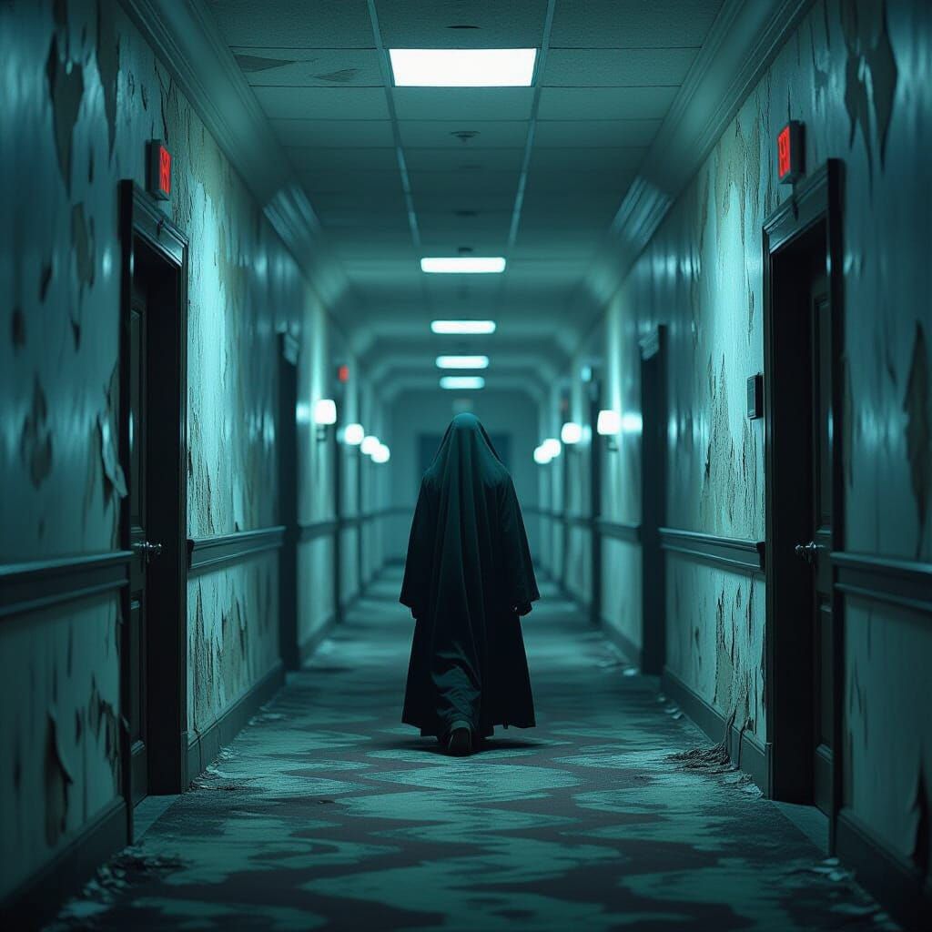 Spectral Figure in Decaying Hotel Hallway