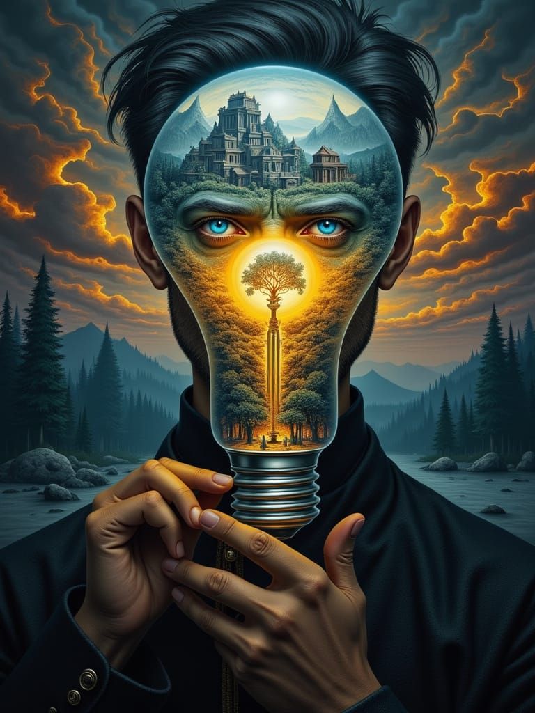 Man Holds Lightbulb World With Garden Sunset