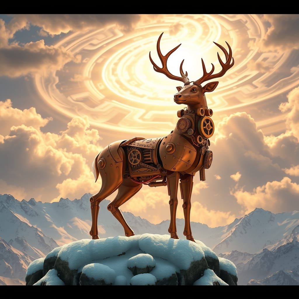 Majestic Steampunk Stag Automaton Dominates Snowy Mountain P...