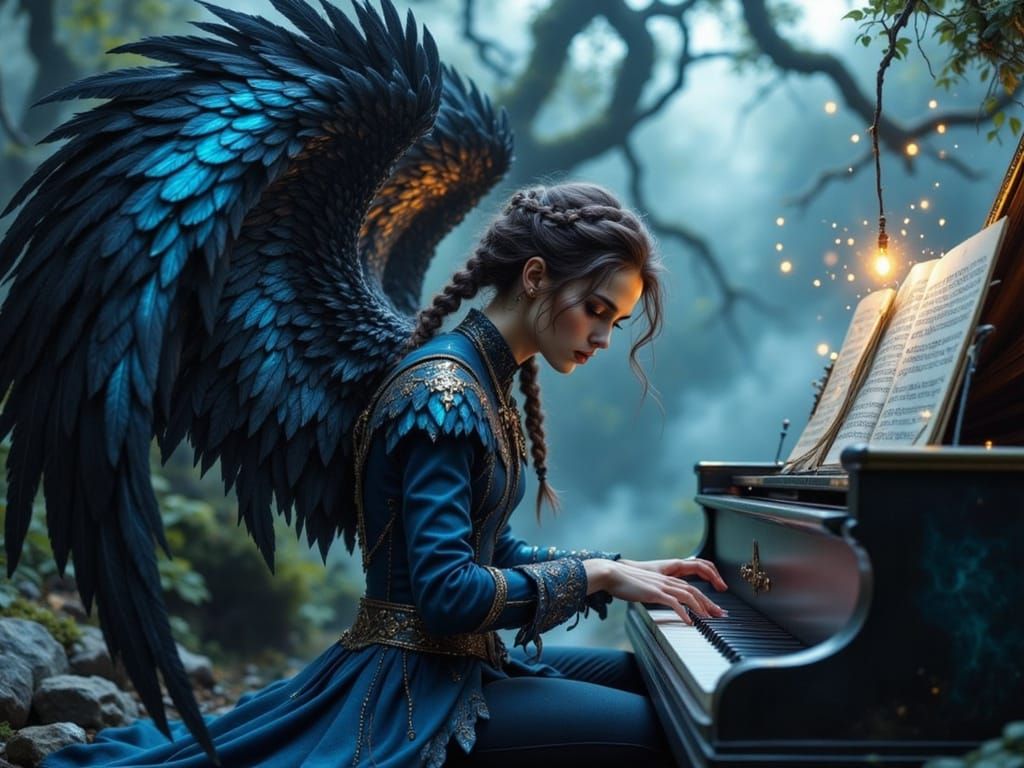 Mystical Gentleman with Angel Wings Plays Piano under Moonli...