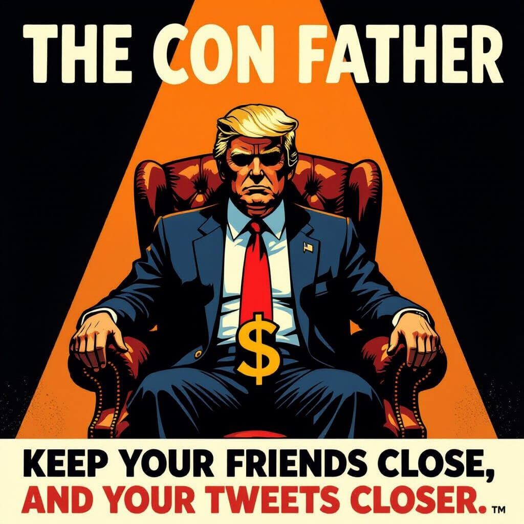 Poster parody in which Trump sits in a darkened chair, stern...