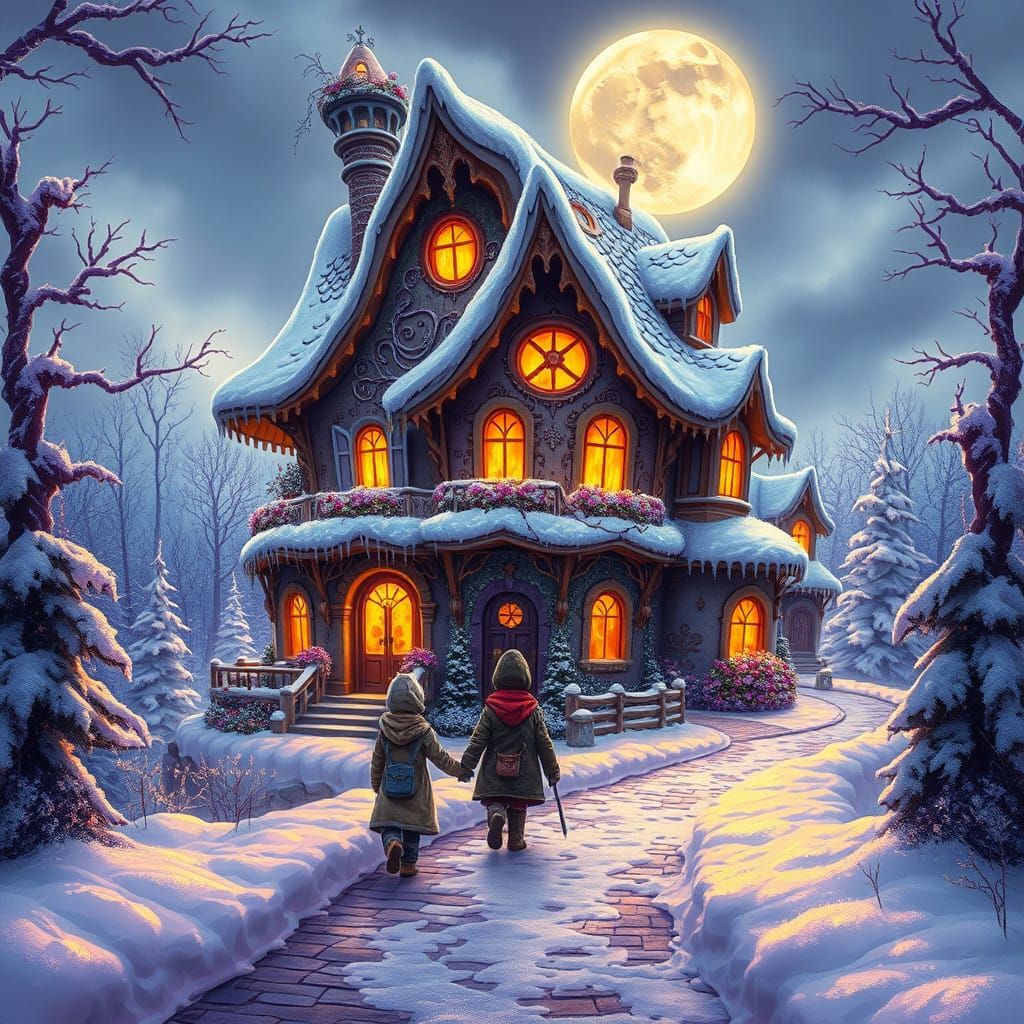 Whimsical Witch House in Full Moon's Soft Glow