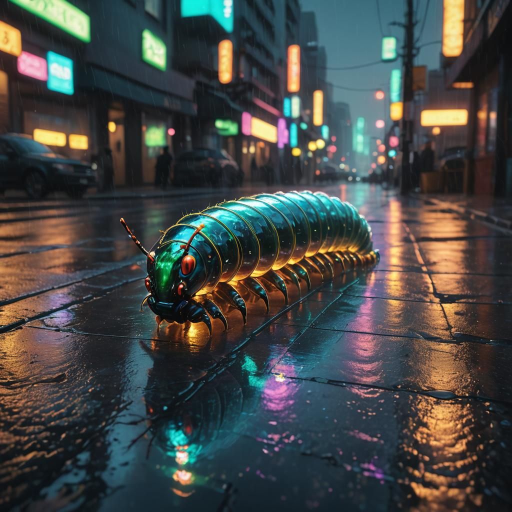 Rainbow Caterpillar in Cyberpunk Neon Cityscape