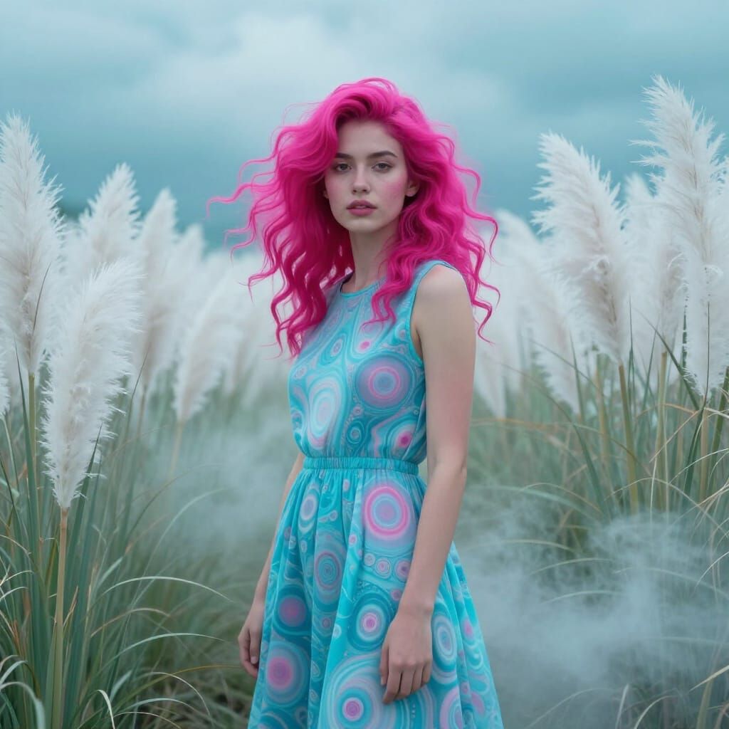 Woman in Fractal Dress Amidst Pampas Grass and Cyan Mist