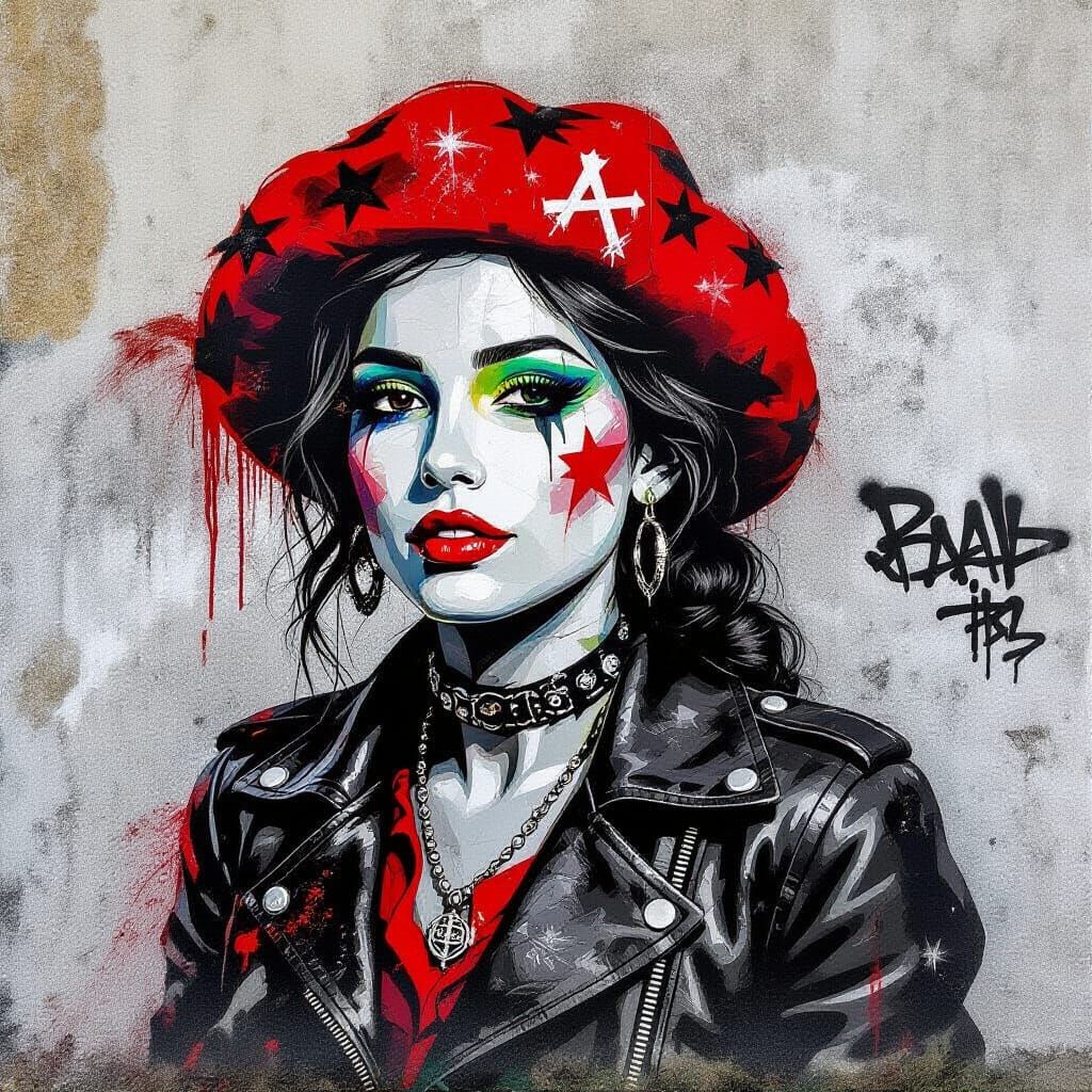 Street Art Portrait with Anarchy Symbol and Gritty City Ligh...