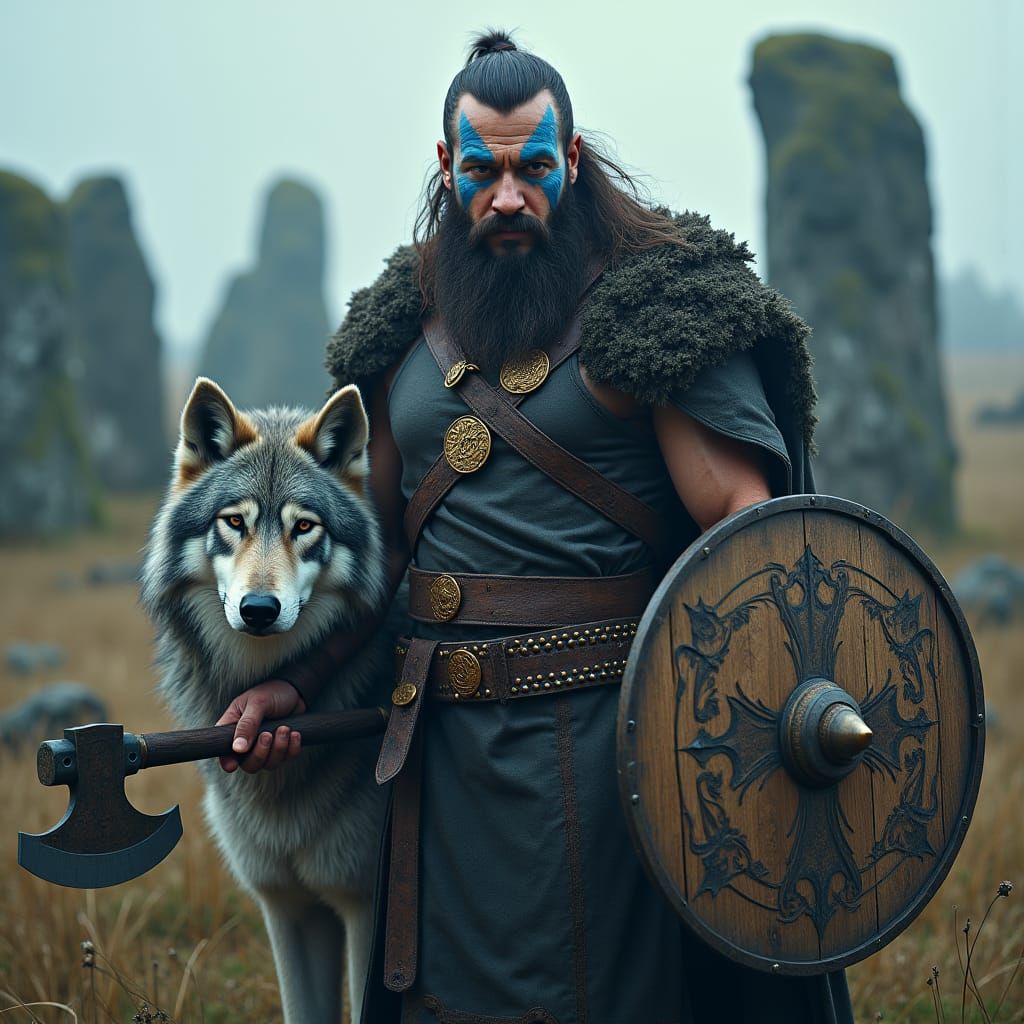 Celtic Warrior with Wolf, as Matte Painting