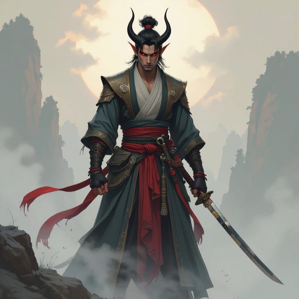 Winged Tiefling Monk with Sword in Mythical Style