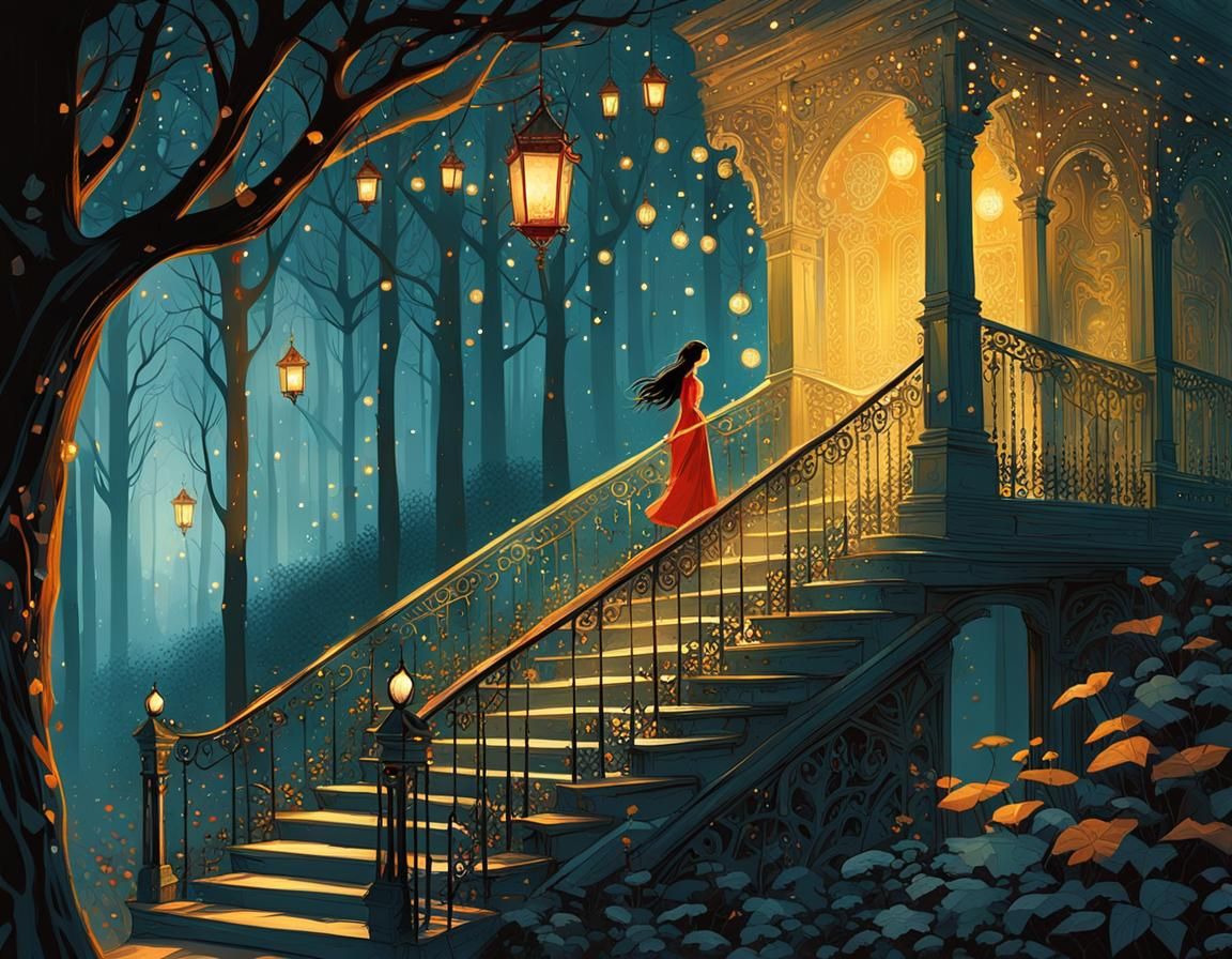 Whimsical Stairway to Glory Game in Collage Style