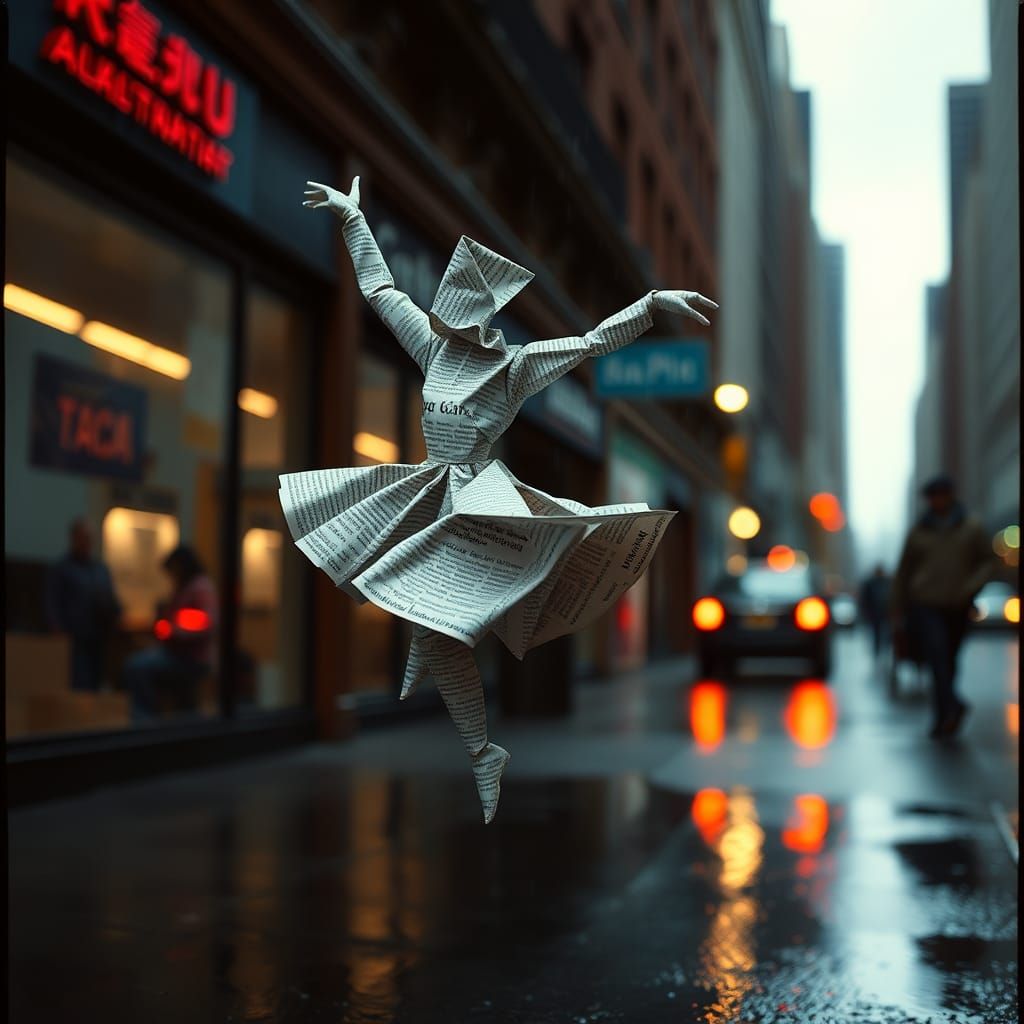 Newspaper Origami Dancer Leaps on Rainy Street