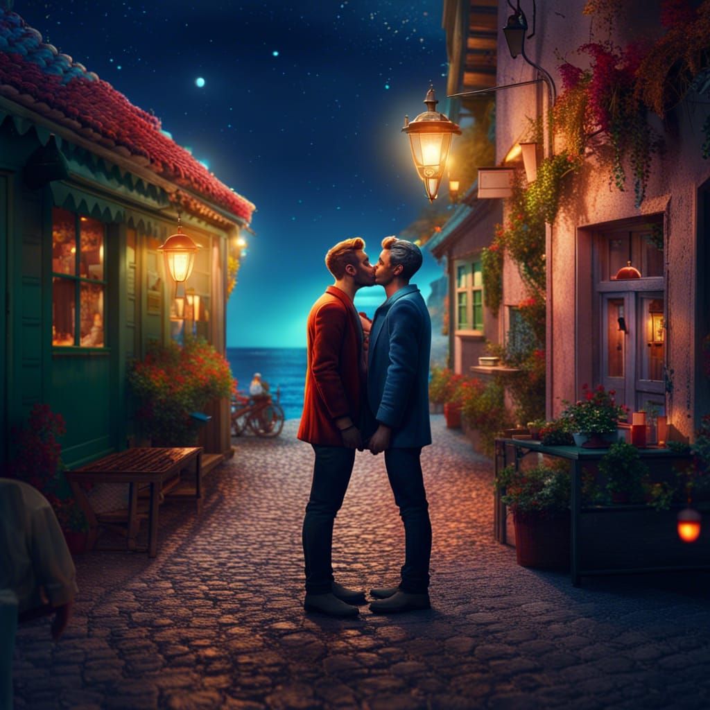 Romantic Midnight Kiss in Seaside Village