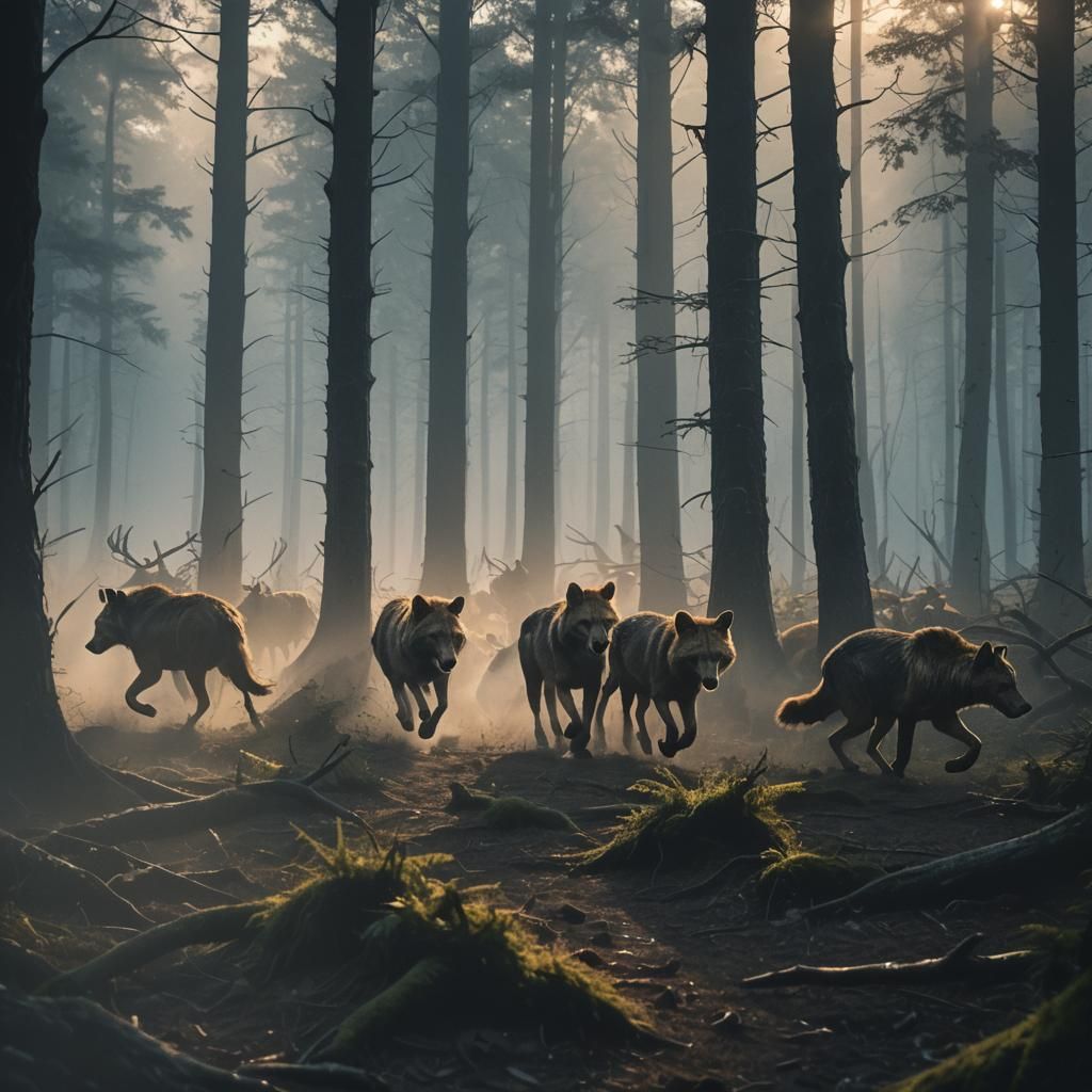 Animals Run Through Misty Forest: Cinematic Film Still