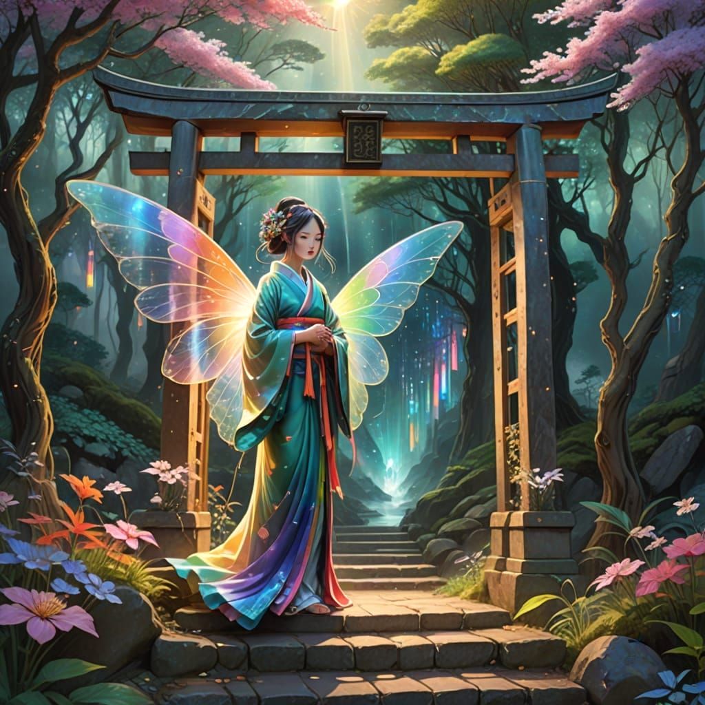 Delicate Japanese Fairy Alights by Ancient Torii Gate