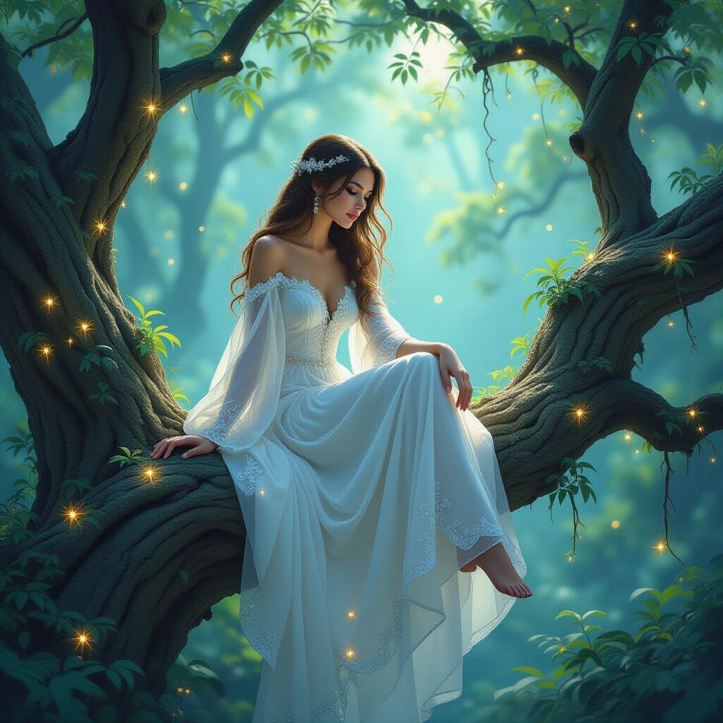 Woman in White Gown in Glowing Forest