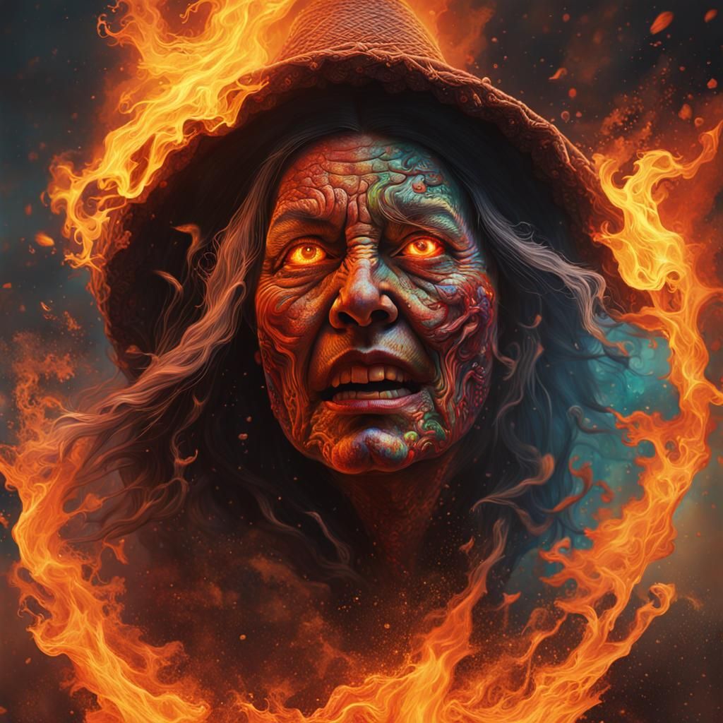 Realistic Witch Burning in Splash Art Style